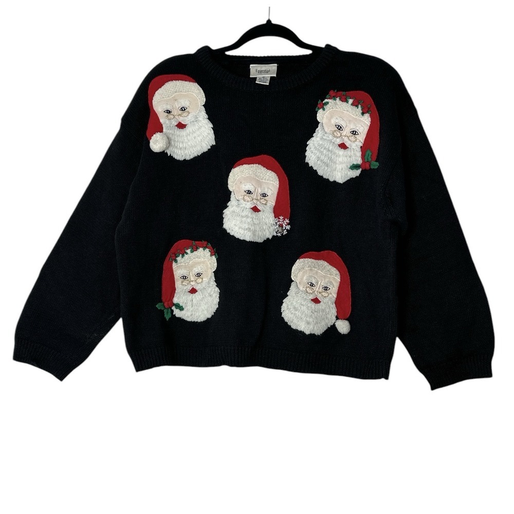 Vintage Essential Elements Women XL Black Ugly Christmas Sweater Santa‎ Knit